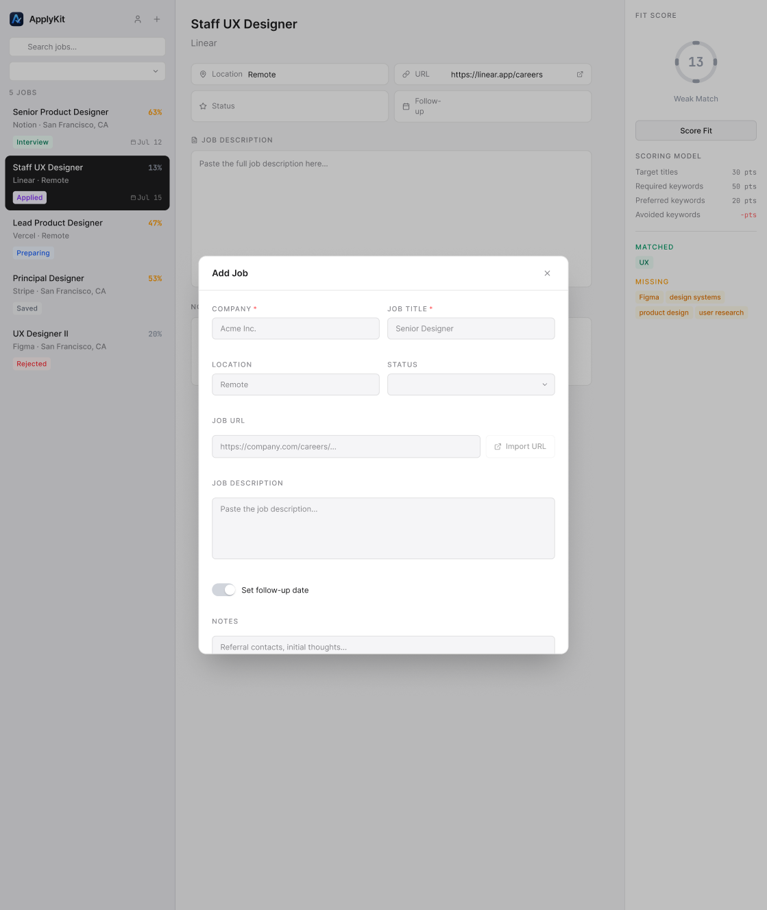 ApplyKit Add Job reference with role details, status, description, notes, and follow-up controls