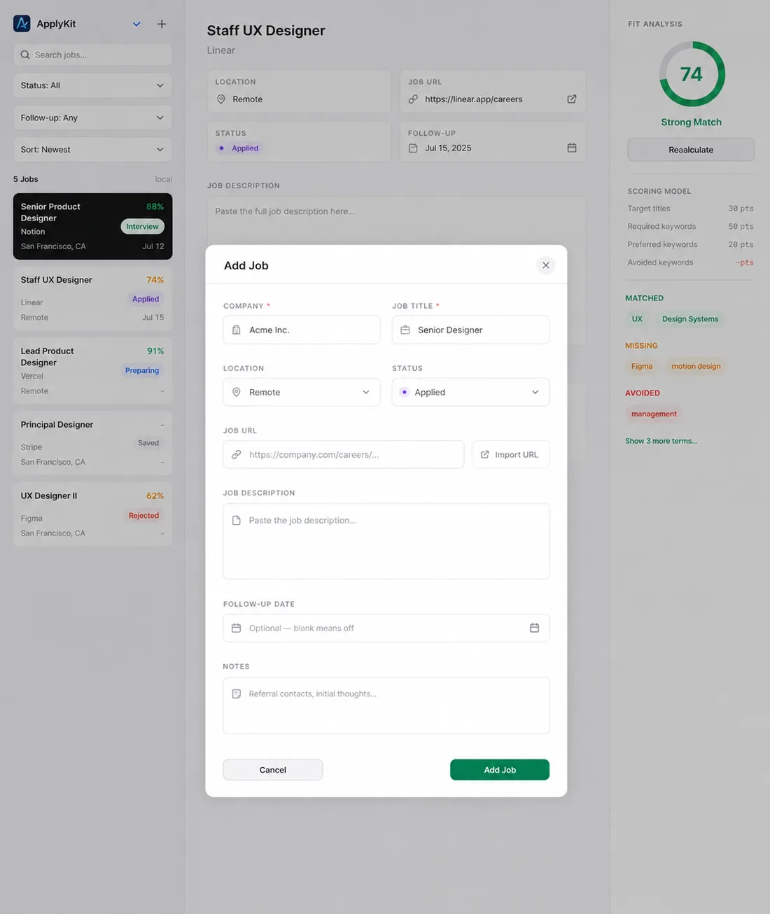 ApplyKit Add Job reference with role details, status, description, notes, and follow-up controls