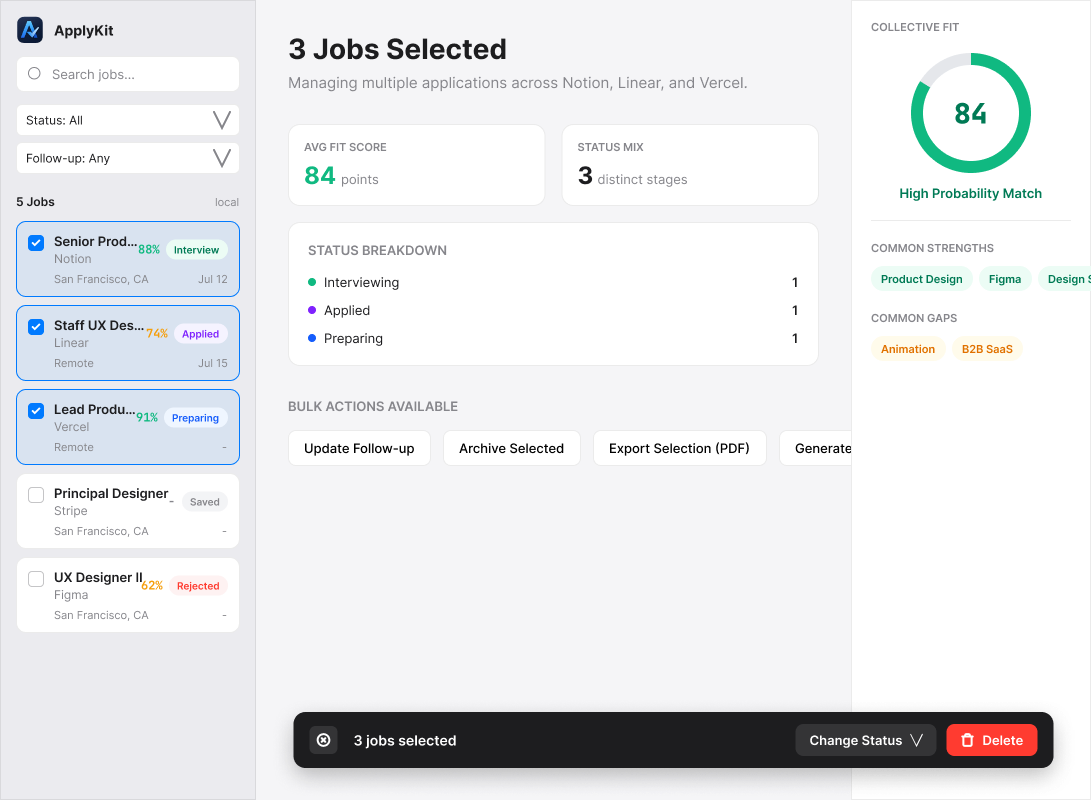 ApplyKit job list reference in bulk-selection mode with several demonstration roles selected