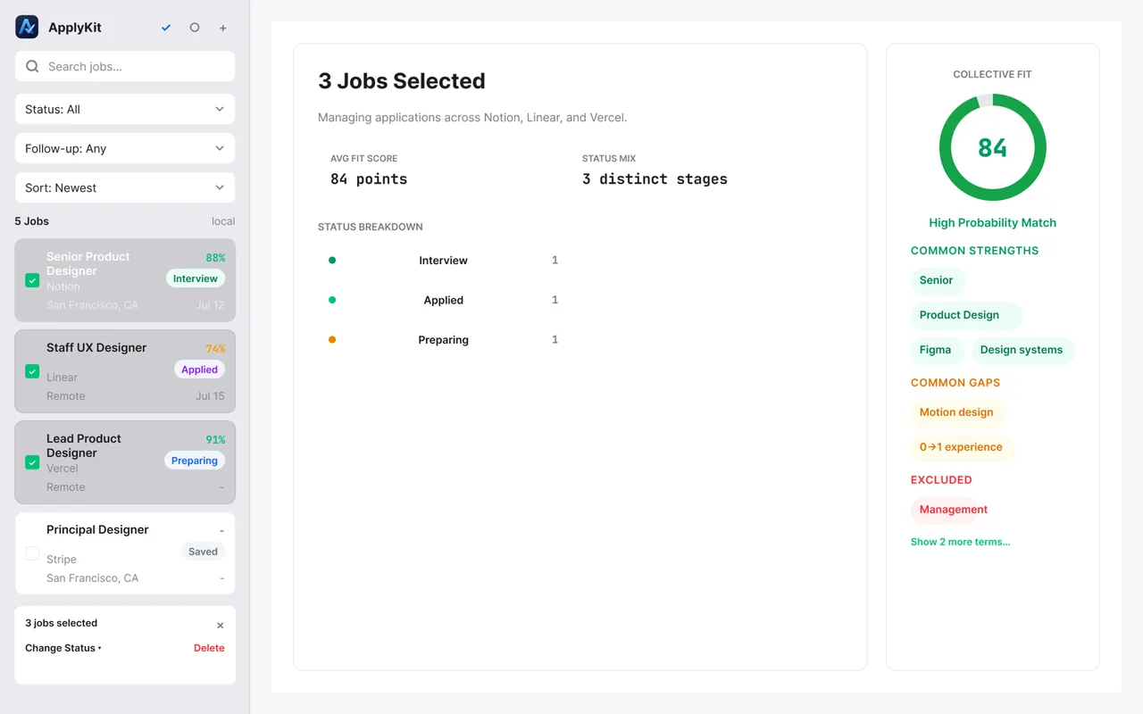 ApplyKit bulk-selection workspace summarizing three selected roles, their status mix, collective fit, and available actions