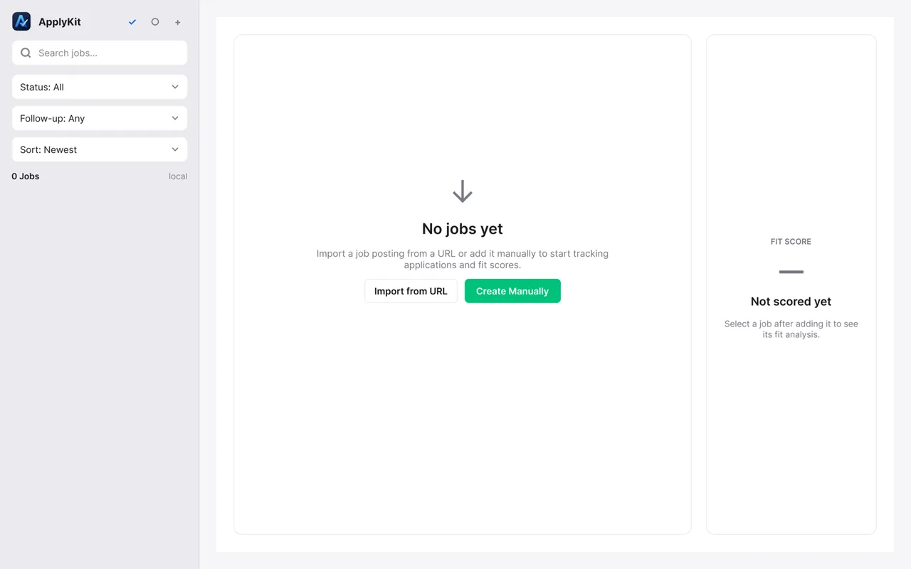 ApplyKit empty job library with options to import a job from a URL or create one manually