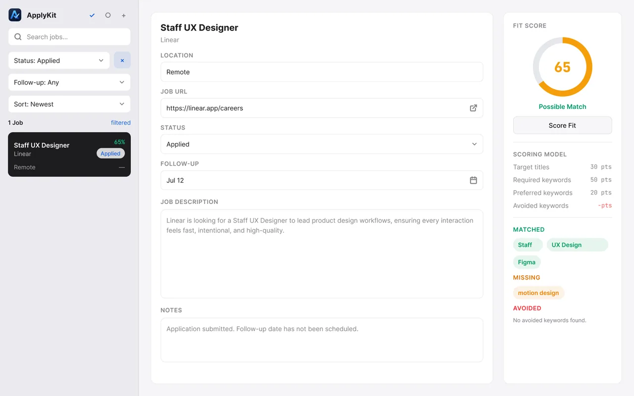 ApplyKit job list filtered by application status while retaining the selected job detail
