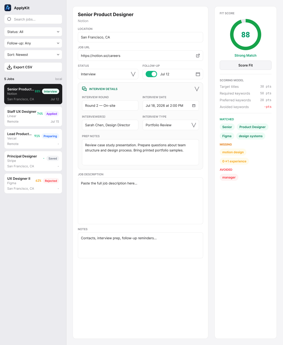 ApplyKit job detail reference showing an Interview status with round, date, interviewers, type, and preparation notes using demonstration data