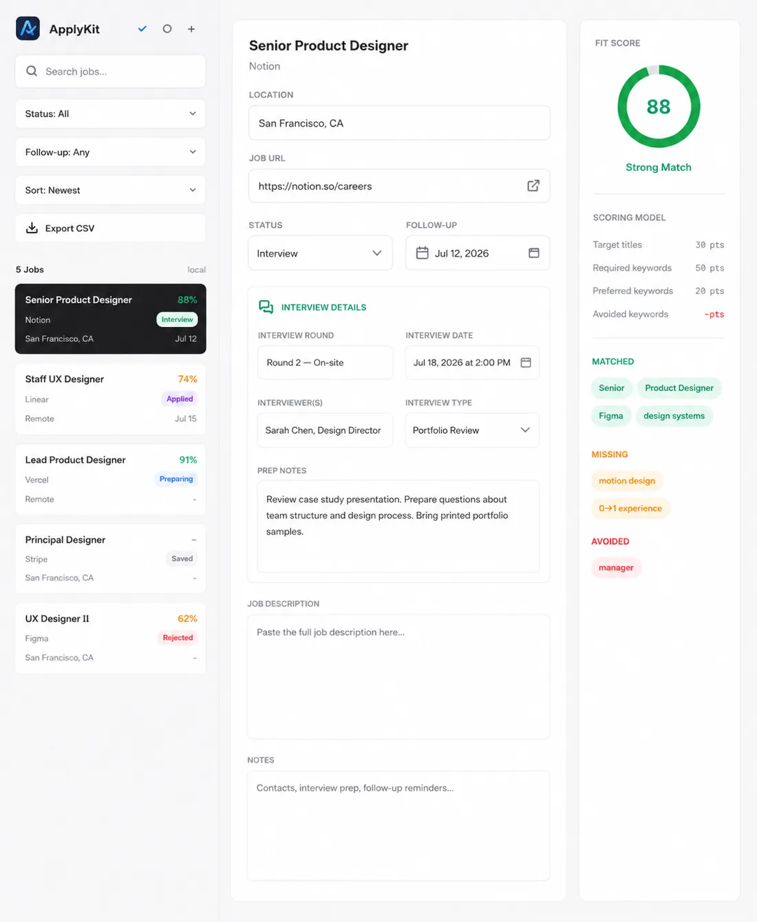 ApplyKit job detail reference showing an Interview status with round, date, interviewers, type, and preparation notes using demonstration data