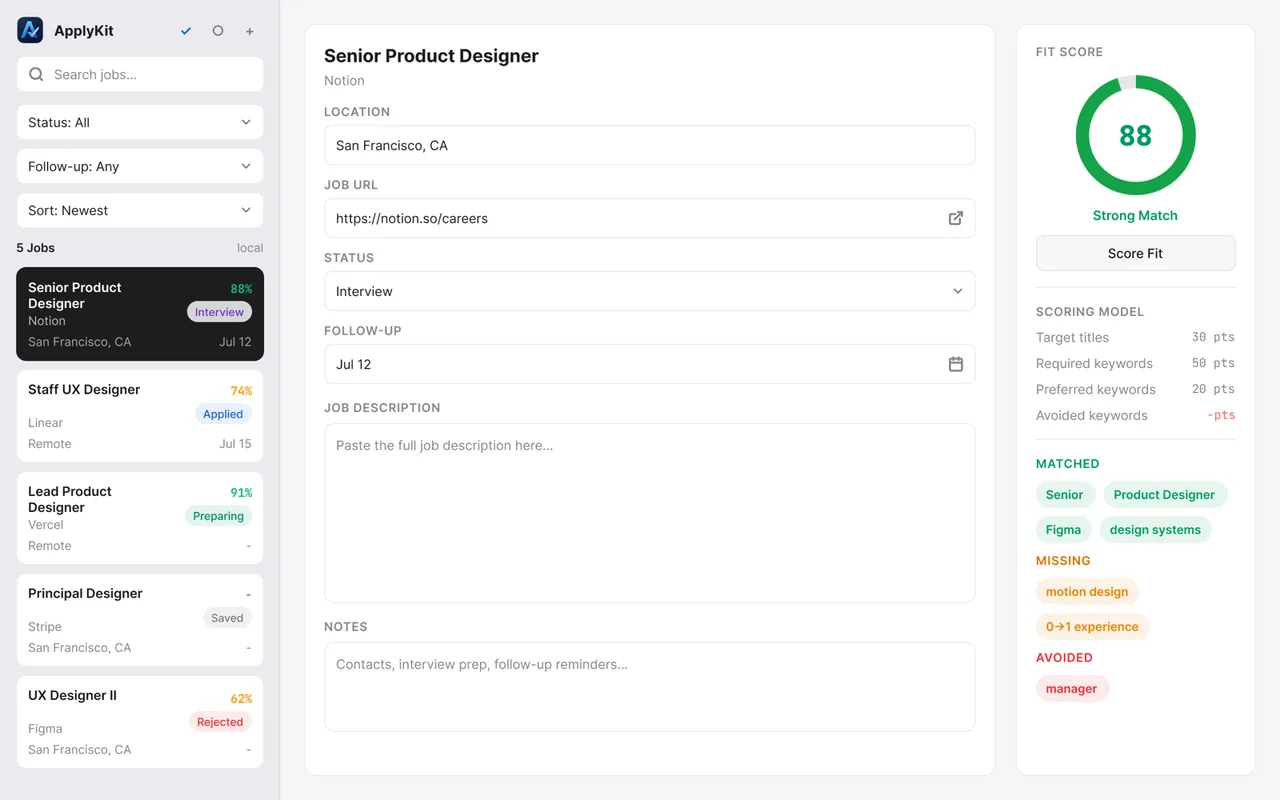 ApplyKit job detail workspace with a selected product-design role and matched, missing, and avoided fit terms