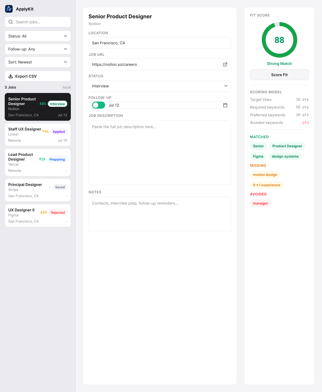 ApplyKit macOS workspace with status navigation, demonstration job applications, and a selected role’s details and fit score