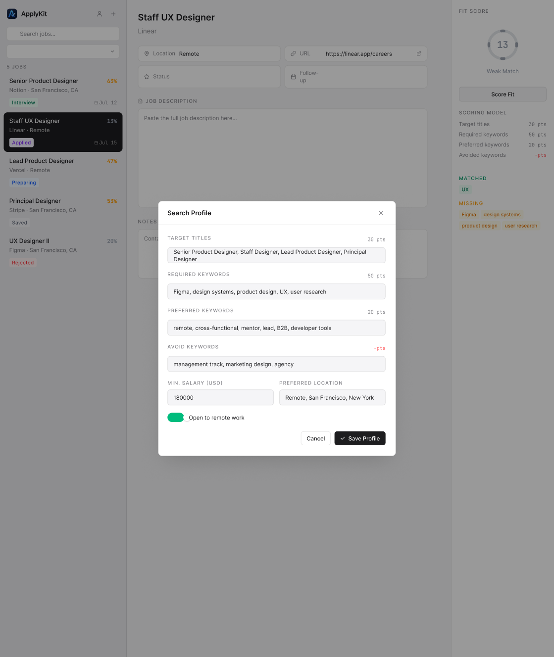 ApplyKit Search Profile reference with target titles, required skills, preferred skills, avoided terms, salary, location, and remote preference