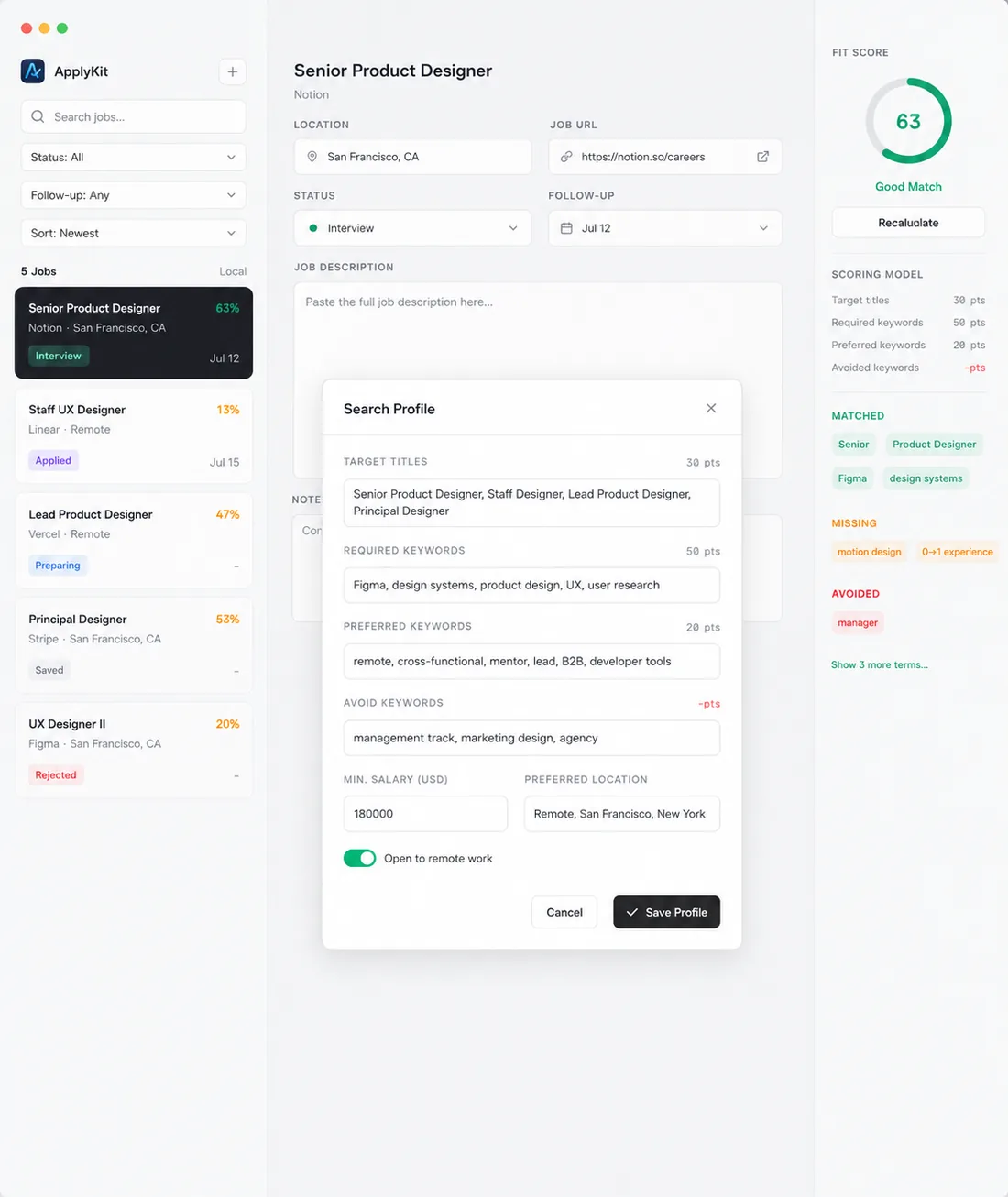 ApplyKit Search Profile reference with target titles, required skills, preferred skills, avoided terms, salary, location, and remote preference