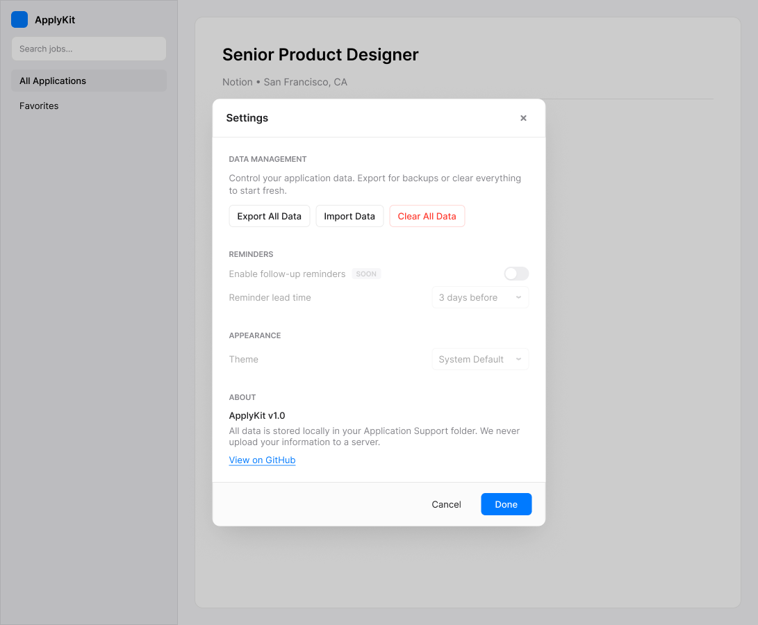 ApplyKit Settings reference showing export, backup, import, reminder, and local-storage information