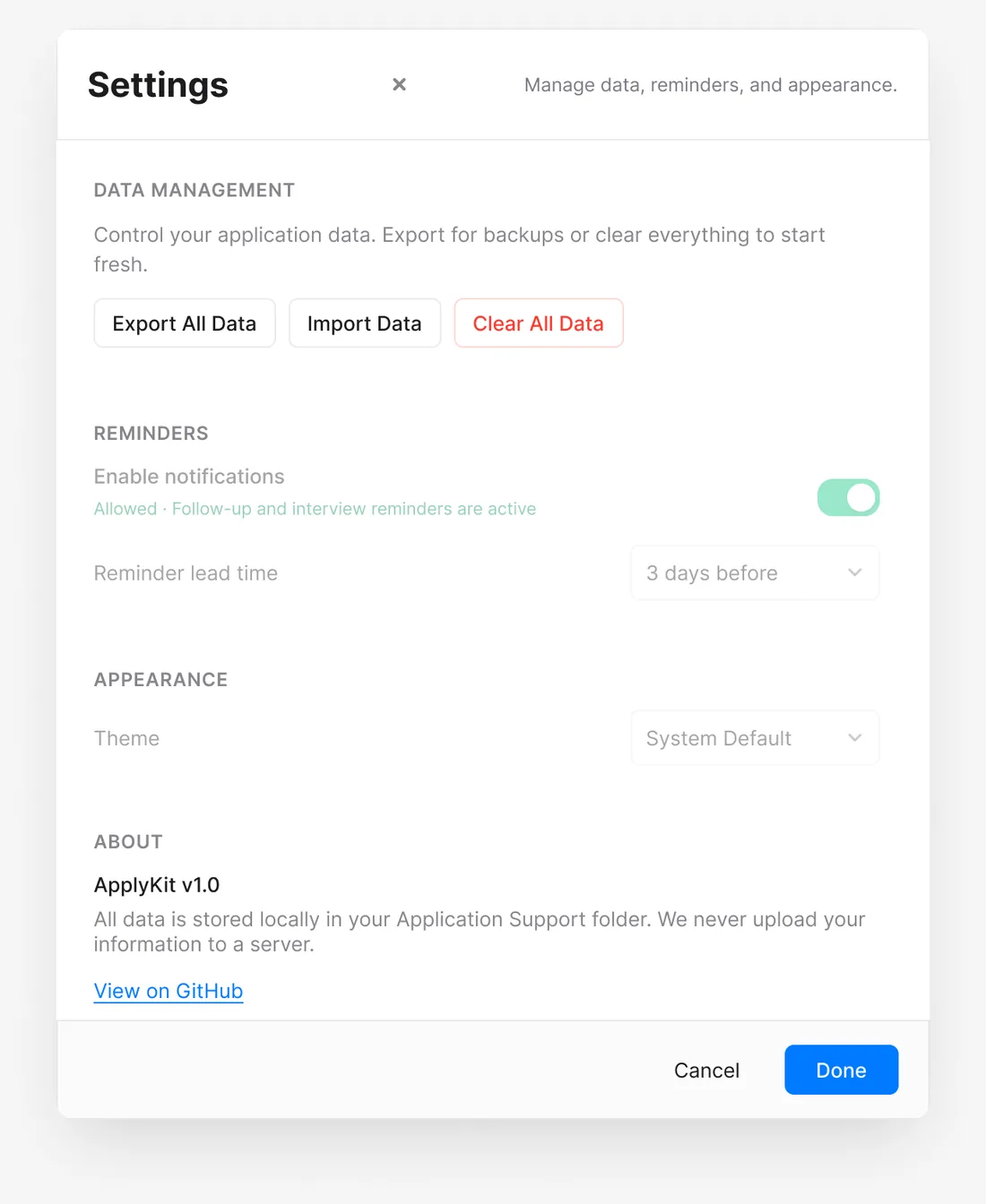 ApplyKit Settings reference showing export, backup, import, reminder, appearance, and local-storage information