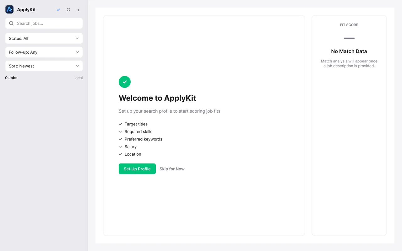 ApplyKit welcome screen guiding a new user to set up the search profile used for fit scoring