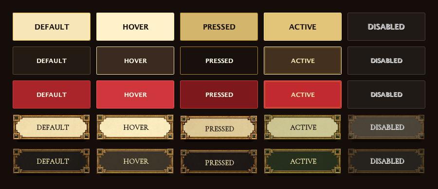 Rendered matrix of fantasy interface button states used for visual quality checks