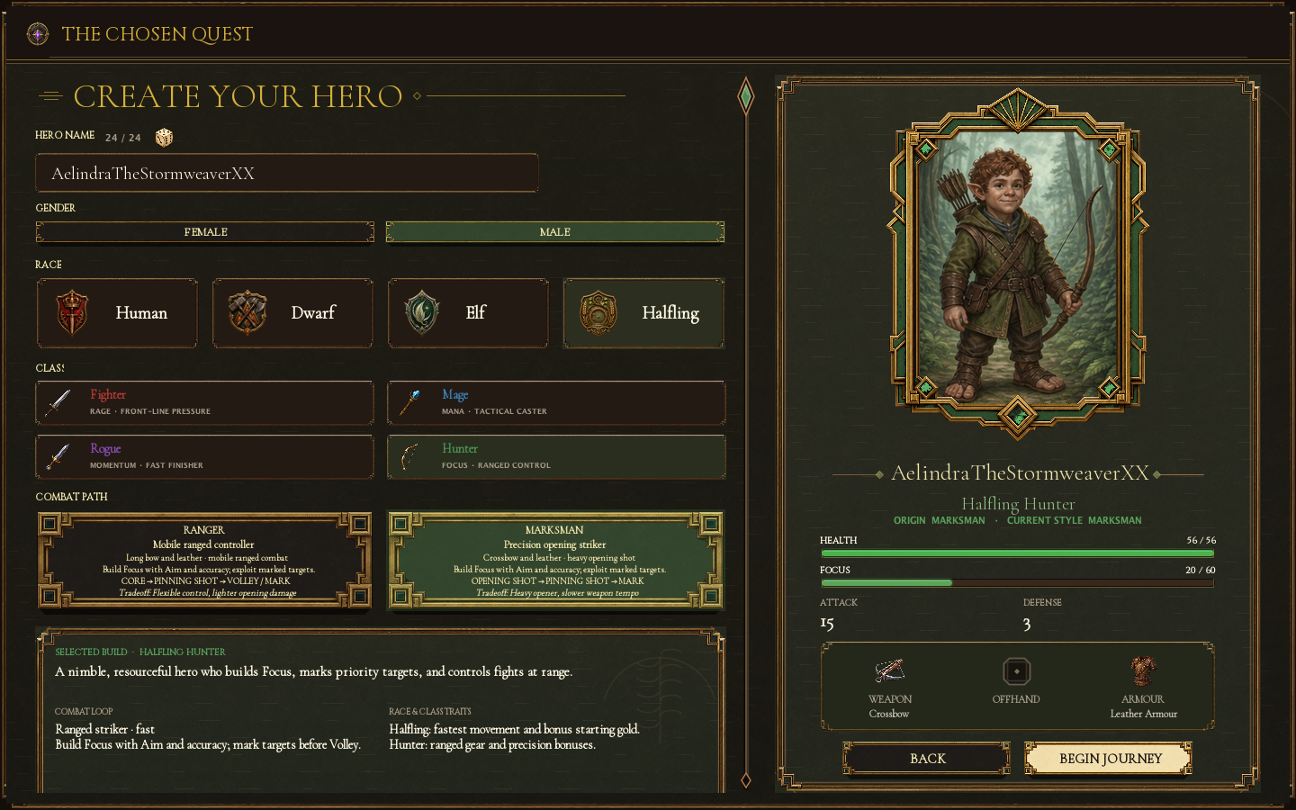 The Chosen Quest character creation interface showing race, class, Combat Path, portrait, statistics, and equipment choices