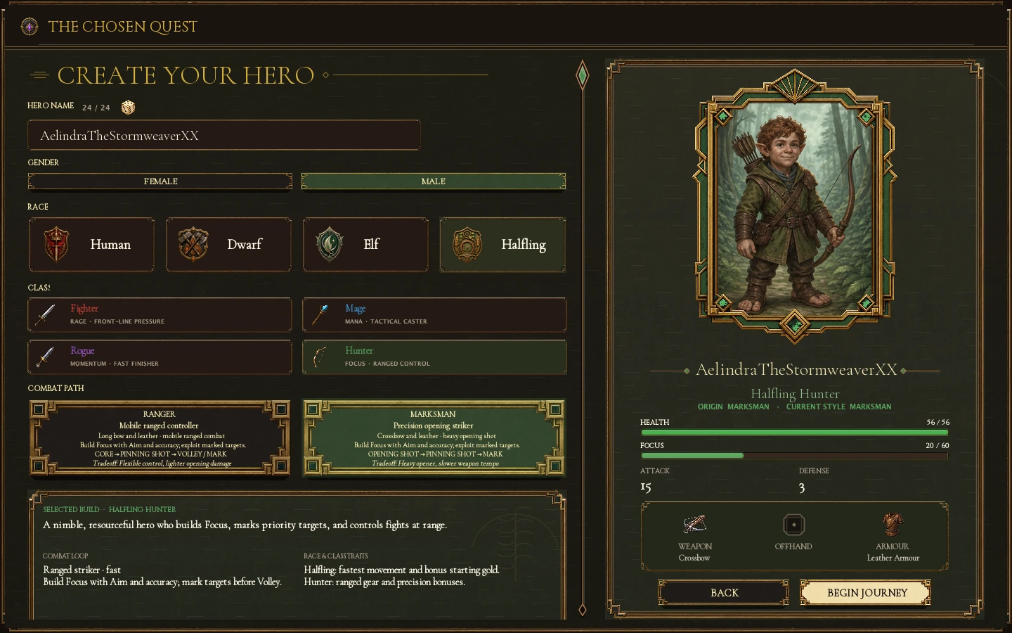 The Chosen Quest character creation interface showing race, class, Combat Path, portrait, statistics, and equipment choices
