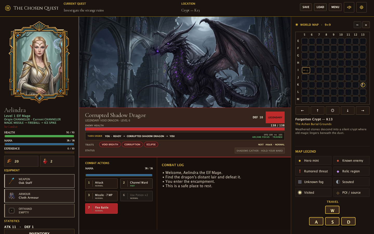 Combat interface featuring a shadow dragon, enemy information, player actions, battle log, hero rail, and map