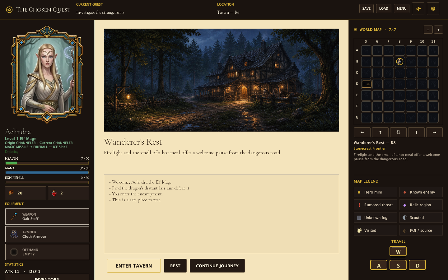Fantasy RPG exploration interface with hero state, illustrated location, travel actions, and world map