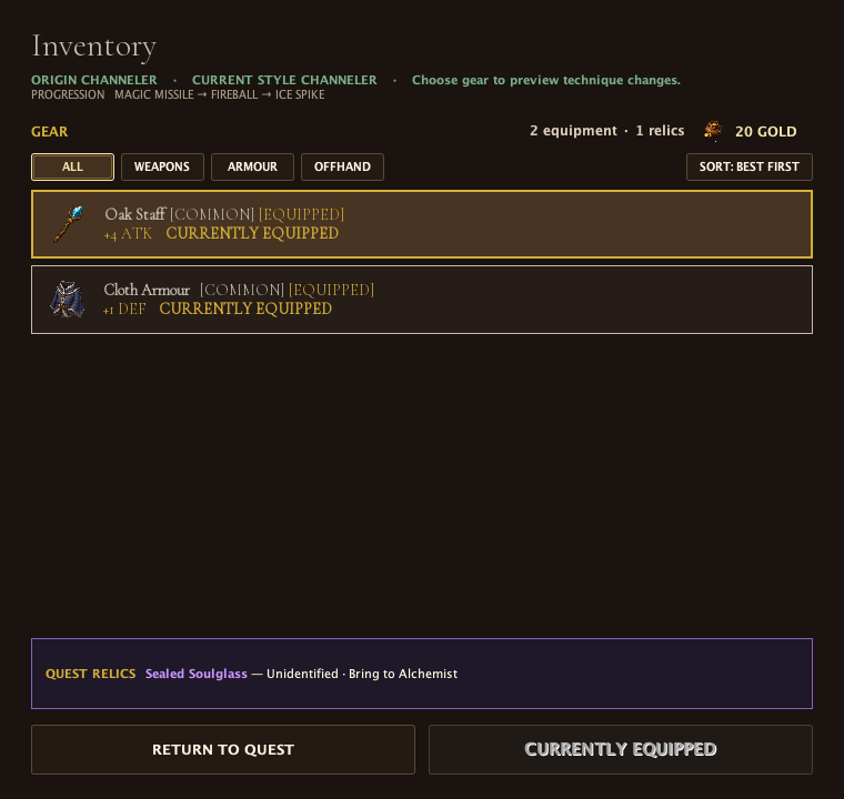Dark fantasy inventory listing equipment with path, style, gold, relic, and return controls