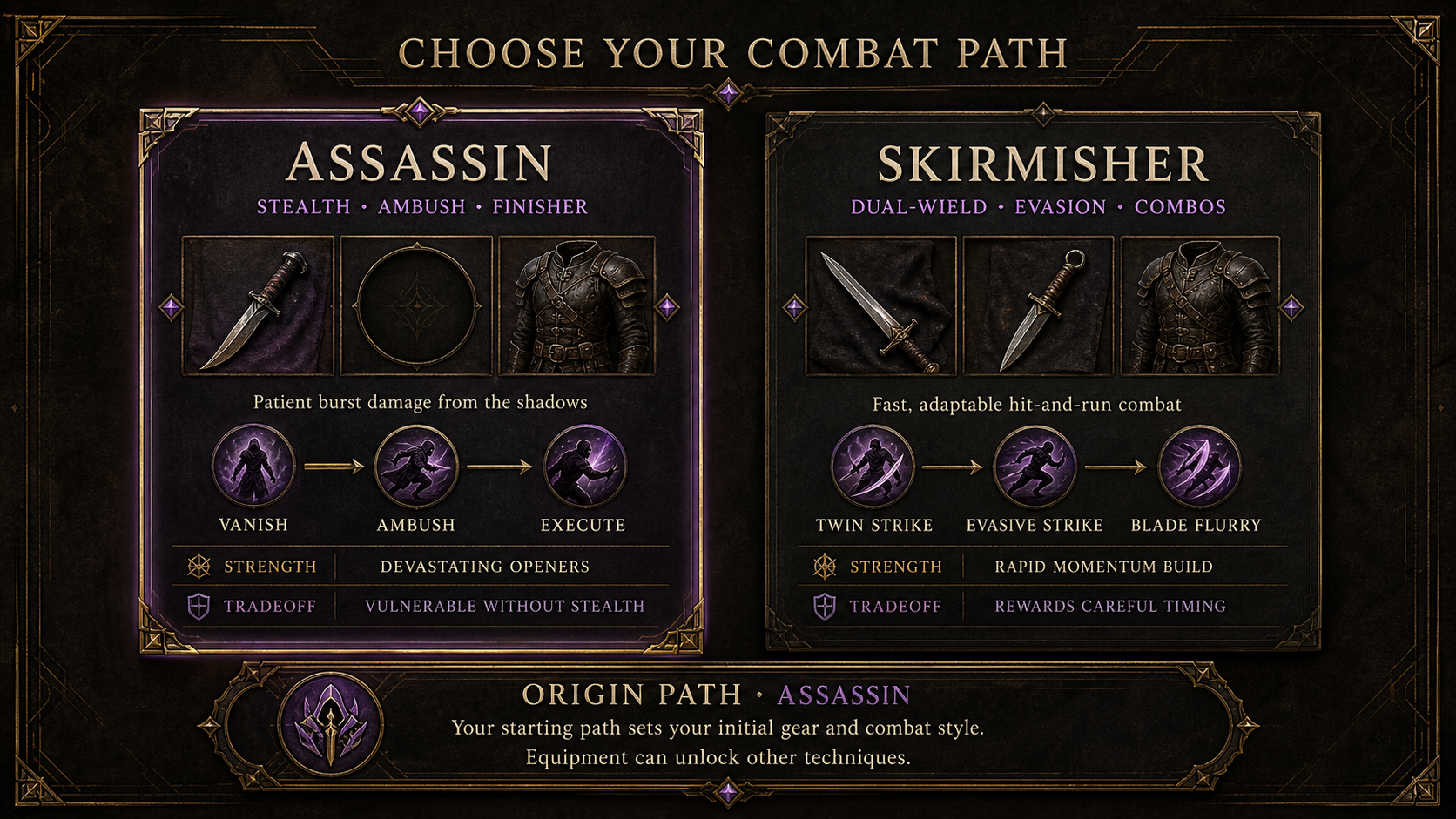 Art Deco concept comparing Rogue Assassin and Skirmisher combat paths through equipment, action loops, strengths, and tradeoffs