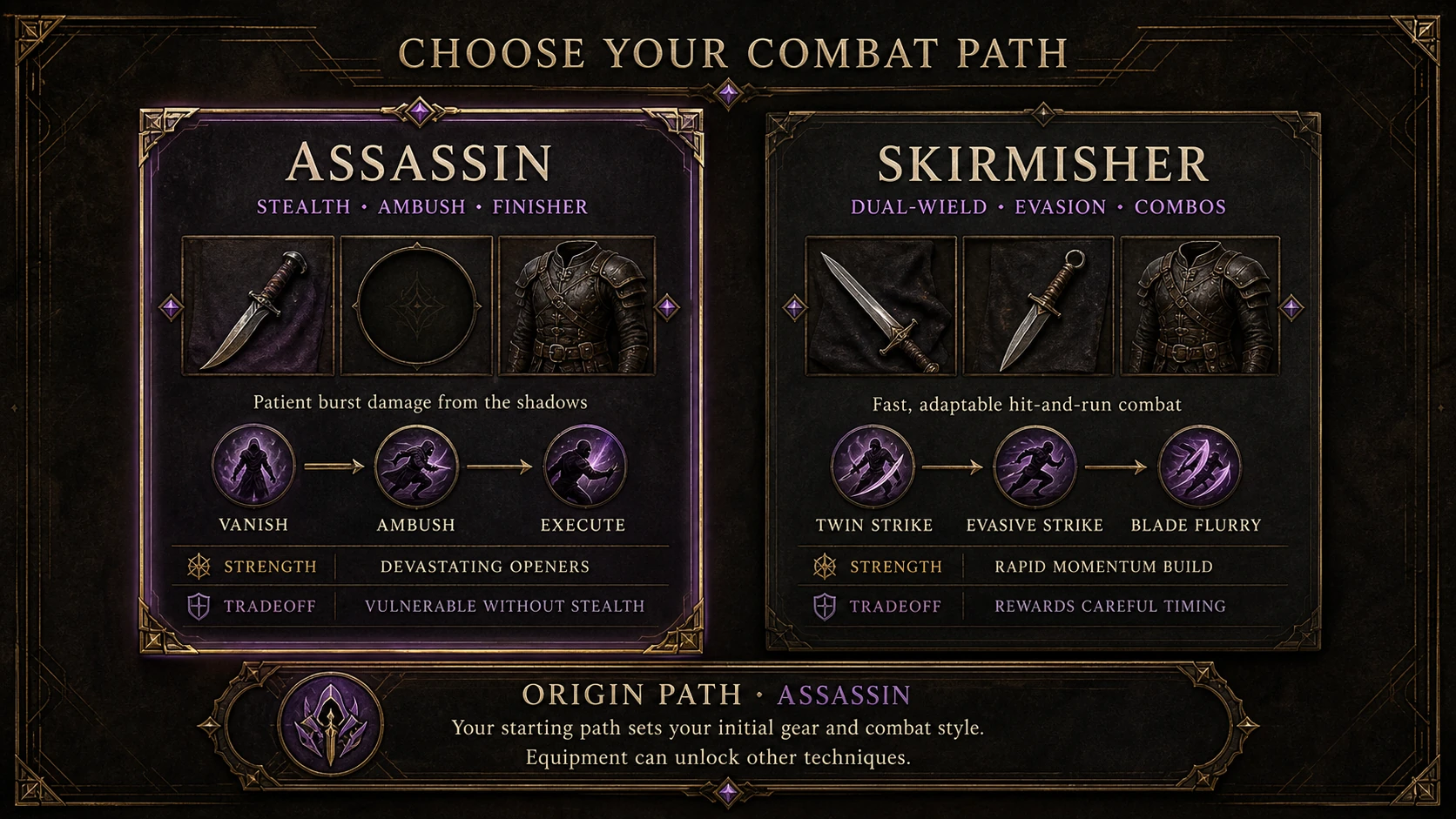 Art Deco concept comparing Rogue Assassin and Skirmisher combat paths through equipment, action loops, strengths, and tradeoffs