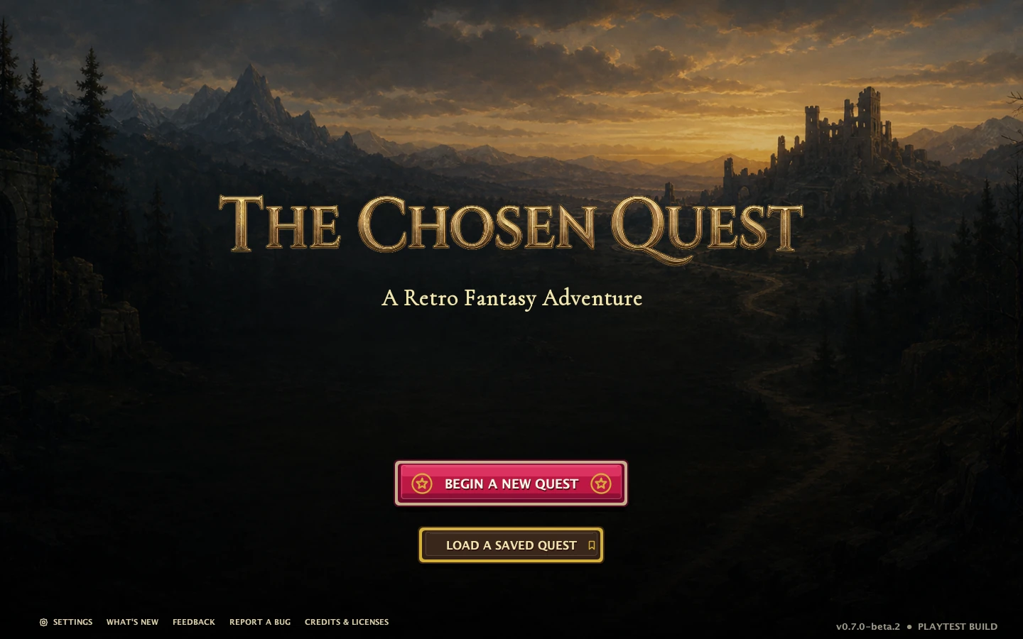 The Chosen Quest title over a dark fantasy mountain valley with new quest and load quest controls